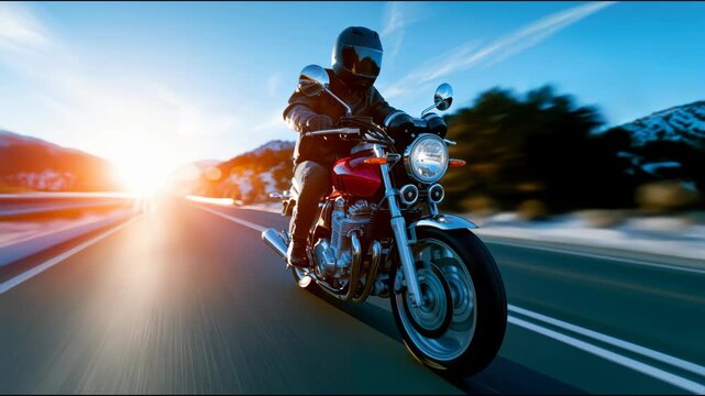Motorcyclist riding fast on an open highway at sunset with motion blur, bright headlight, and dynamic travel atmosphere