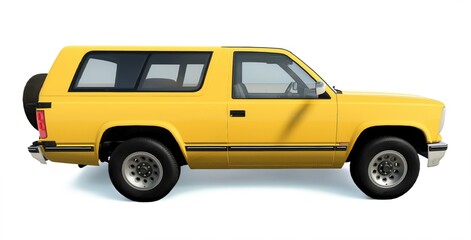 Obraz premium 3D rendering of a generic retro yellow sport utility vehicle (SUV) on a clean white background. Unbranded classic full-size 4x4 automotive design from multiple view angles for commercial use.