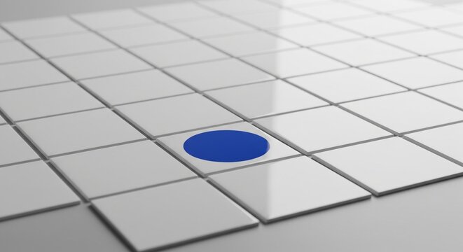 A solid blue circle dot printed on a white square tile within a large glossy grid floor. Business strategy or choice concept.