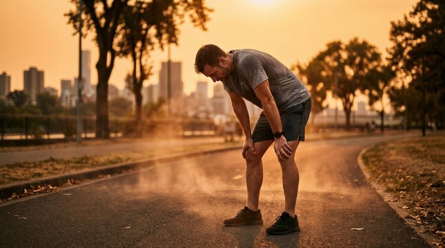 Man athlete resting after run during extreme heat wave at sunset. Runner feeling exhausted and overheated on city road. High temperature, climate change and health risk in summer urban.