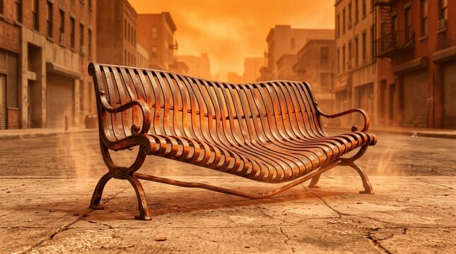 Metal bench melting on city street during extreme heat wave. Abandoned urban environment under sweltering sun. Climate change and global warming effect causing deformed infrastructure.