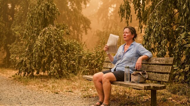 Woman sitting on bench fanning herself with newspaper during extreme heatwave. Sweaty person struggling with high temperature in park. Climate change, summer weather and health danger concept.