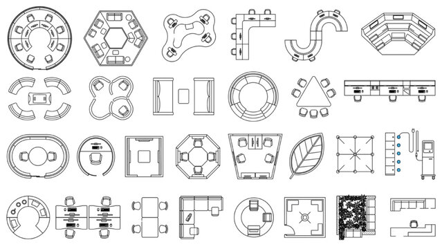 Top View Architectural CAD Blocks Vector Set Futuristic Co Working Innovation Hub Modular Collaboration Zones Hybrid Workspace Layout Icons Collection