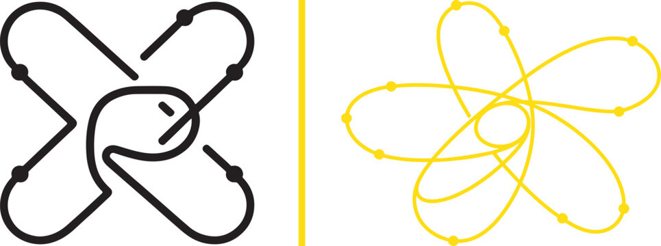 Abstract atom and orbital line icons in black and yellow vector style for science and technology logo design