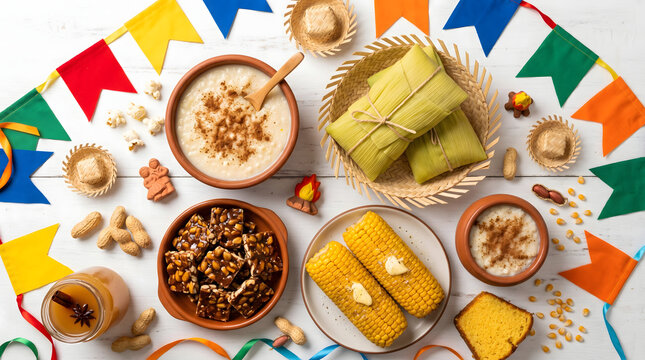 July Festival Typical Brazilian Food Top View White Background Decoration Colorful Little Flags