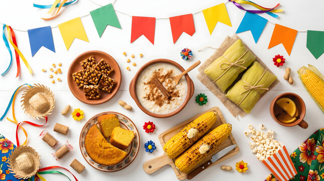 Brazilian Festa Junina Traditional Food Spread Flat Lay on White Background with Colorful Decorations