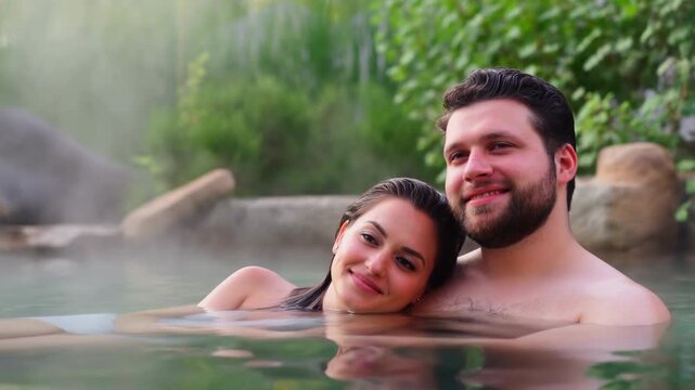 Warm Couple Enjoying Spa Moment. Intimate Couple Surrounded By Nature In Peaceful Hot Water Retreat