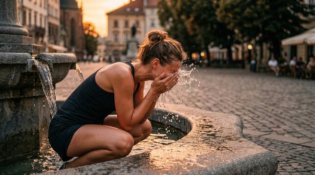 Woman washing face with water from fountain in city square during extreme heat wave. Relief from hot summer weather. Outdoor scene of refreshing cold splash on skin in urban environment.