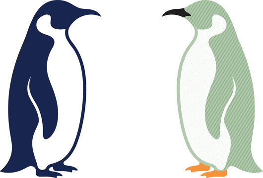 Emperor penguin silhouette and green striped line pattern set vector illustration isolated on white background