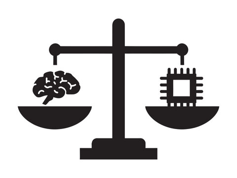 Balance between human brain and microchip on scale symbolizing technology versus intelligence  equal weighing