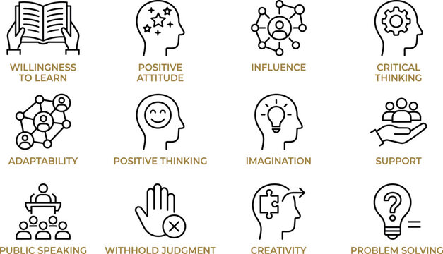 Soft Skills and Emotional Intelligence Line Icon Set Featuring Critical Thinking Positive Attitude Adaptability Public Speaking Creativity and Problem Solving Outline Symbols