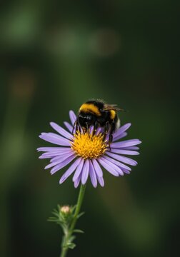 A fuzzy bumble bee diligently collecting golden pollen from vibrant purple wildflowers on a sunny spring day, highlighting natural biodiversity, natural, ecosystem, collecting
