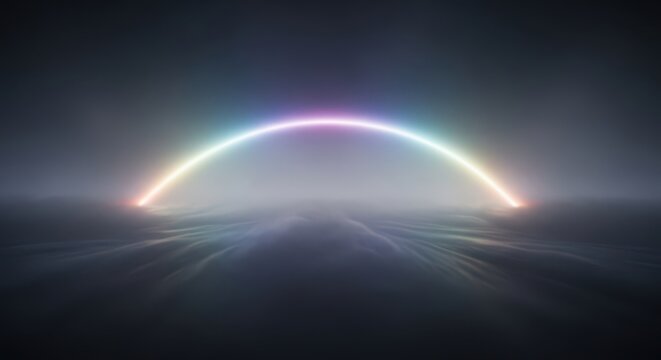 A mysterious, spectral fog bow glowing faintly in thick mist. This white rainbow arc is often called a ghost rainbow, visible only at night, droplets, rare, weather