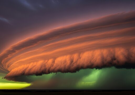 A massive shelf cloud dominates the sky, signaling an intense meteorological event approaching rapidly. The atmosphere is heavy and threatening, turbulent, humid, front