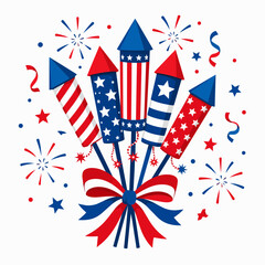 Obraz premium American Independence Day Fireworks Celebration with Patriotic Bow and Confetti vector illustration