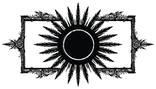 Sunburst emblem combined with a rectangular decorative frame features dark gothic elements that serve as a powerful central focal point for artistic posters or mystical branding themes.