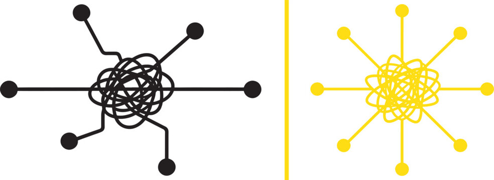 Complex and organized network icons with tangled scribbles and node connections for problem solving vector illustration