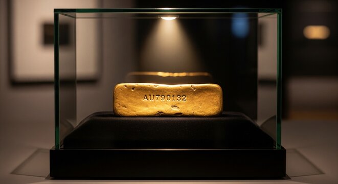 A horizontal gold brick with serial numbers stamped on it, lying flat inside a glass display showcase under a bright spotlight in a dark, moody room
