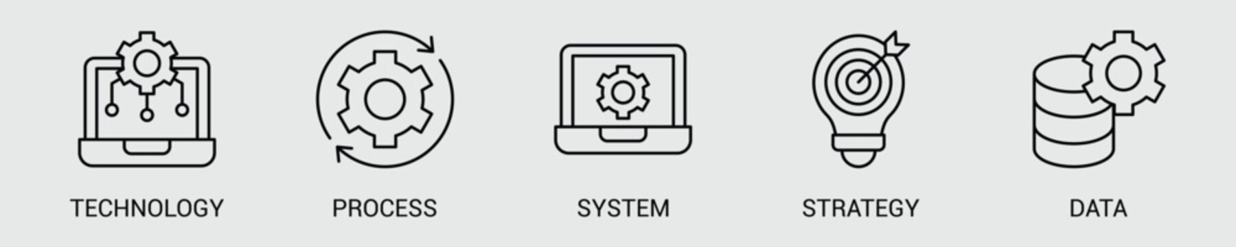 Technology and Process Management Web Icon Set Vector Illustration Concept with Icons of Technology, Process, System, Strategy, and Data