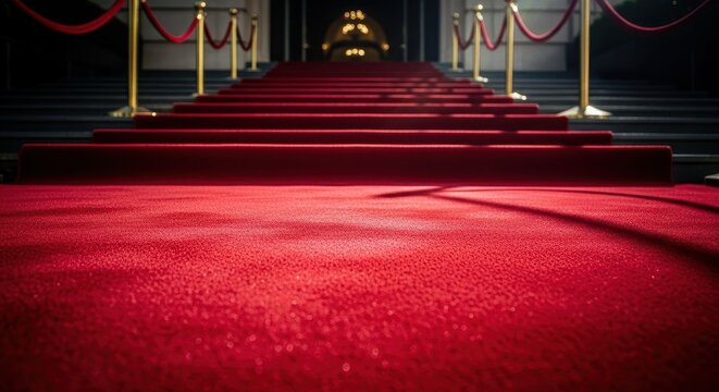 Longue tra&icirc;n&eacute;e de velours rouge menant &agrave; l'entr&eacute;e d'un &eacute;v&eacute;nement exclusif. Symbole de luxe, de c&eacute;l&eacute;brit&eacute; et de bienvenue prestigieuse, festivit&eacute;, tapis, succ&egrave;s