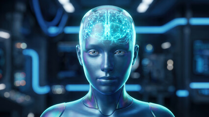 A close-up portrait of a futuristic AI robot showcasing an illuminated neural network brain in a high-tech environment.