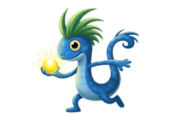 Fototapeta premium Whimsical blue dragon with green mohawk and wings mid-flight isolated on transparent background