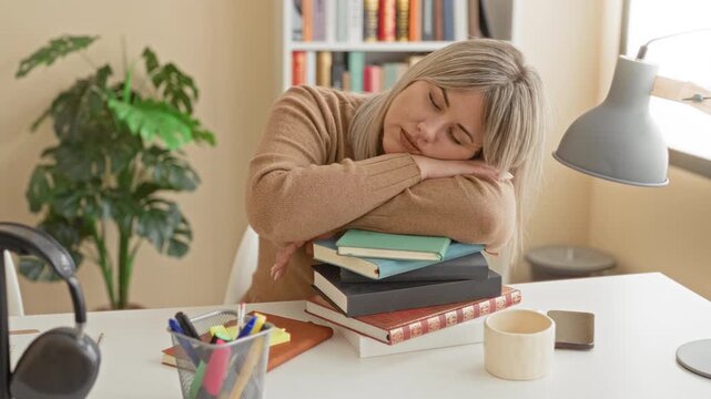 Woman resting head on arms over a stack of books and notebooks on a desk in a studio with lamp and bookshelf visible; study fatigue.