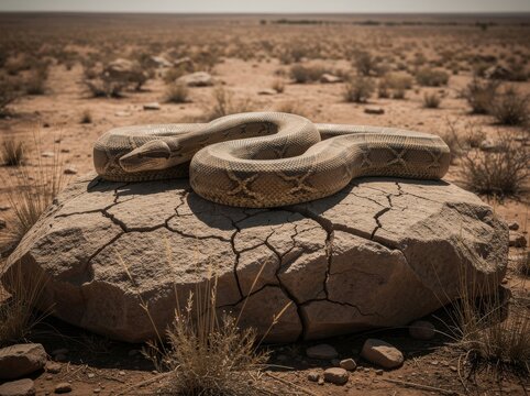 Desert Python Resting on Cracked Rock Surface