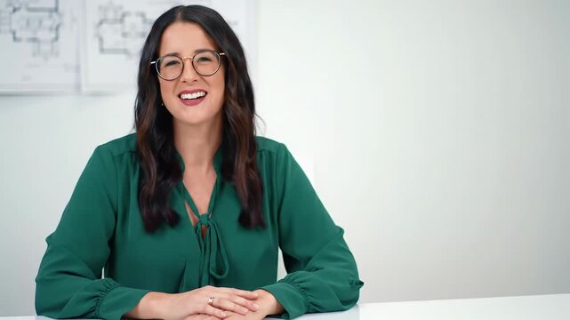 Radiant young caucasian woman with dark wavy hair, glasses & emerald blouse, seated at desk, looking at camera. White background with faint diagrams. Concept of professionalism