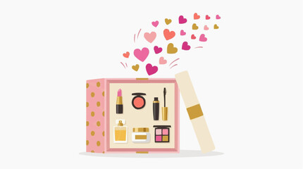 Fototapeta premium Open Makeup Box with Cosmetics and Hearts