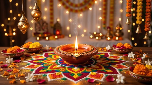 Diwali diya lamp with rangoli and marigold flowers decoration