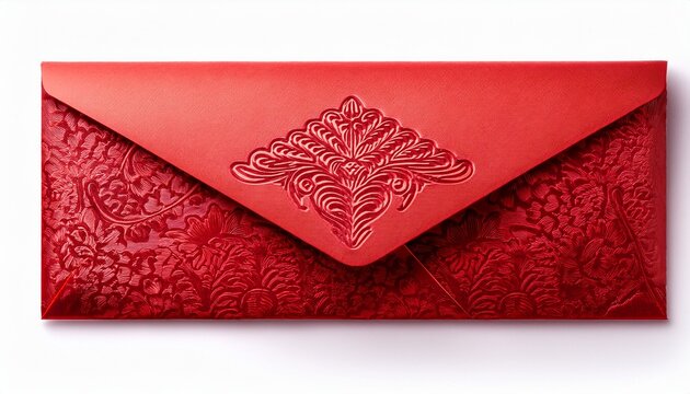 traditional red envelope with embossed modern patterns background isolated on a white background