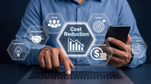 Business professional managing cost reduction strategies using digital technology and icons
