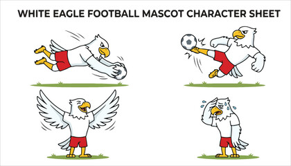 Fototapeta premium White eagle football mascot character sheet showing various poses and emotions related to soccer.