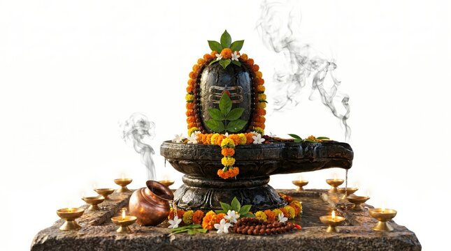 Shiva linga with flowers and oil lamps isolated on white background
