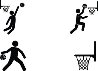PrintBasketball stick figure silhouettes showing dunking, dribbling, hoop action, athletic movement, and sports concept illustration for dynamic design. © MdArifur
