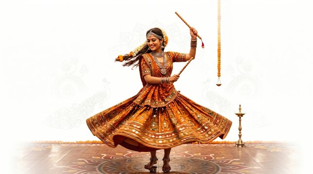 Young indian woman performing garba dance with dandiya sticks in traditional attire