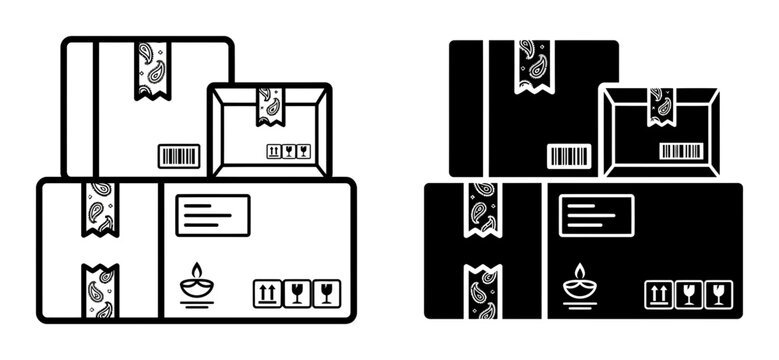 Black and white shipping box icons, parcel boxes, package symbols, delivery labels