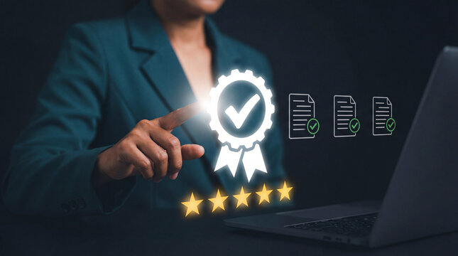 Businesswoman pointing to quality assurance certification seal with five stars and approved documents
