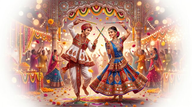 Couple performing traditional dandiya raas dance during navratri