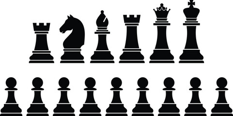 PrintBlack chess piece silhouettes including king, queen, rooks, bishops, knights, and pawns arranged in complete strategic game formation © MdArifur