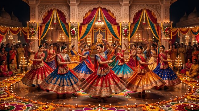 Group of indian women performing traditional garba dance