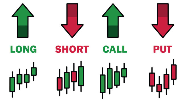 trading terms call put buy sell short and long, directional arrow icon set showing profit and loss signals, bullish and bearish sentiment indicators, suitable for stock exchange charts, forex platform