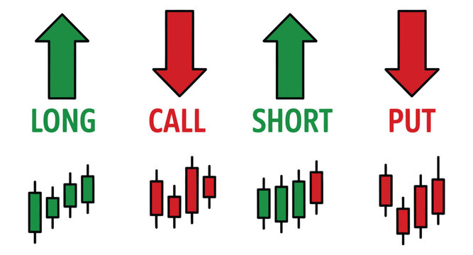 trading terms call put buy sell short and long, green and red arrow symbols set for financial markets, stock trading dashboard indicators, bullish and bearish movement visual representation in vector
