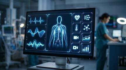 Fototapeta premium Realistic healthcare technology interface with modern medical dashboard and digital patient monitoring visuals