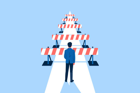 Businessman standing on a rising arrow path looking at multiple road barriers, overcoming business challenges and obstacles concept vector illustration.