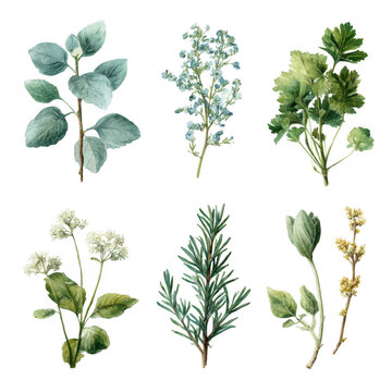 Collection of botanical illustrations isolated on transparent background