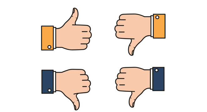Graphic representation of four hands showing thumbs up and thumbs down gestures in blue and orange colored sleeves.