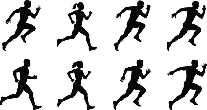 PrintBlack silhouette figures in dynamic running motion sequence illustrating athletic activity, fitness training, sports competition, and human movement design concept