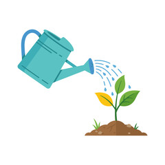 Obraz premium Watering can pouring water on a small green plant growing from soil with grass